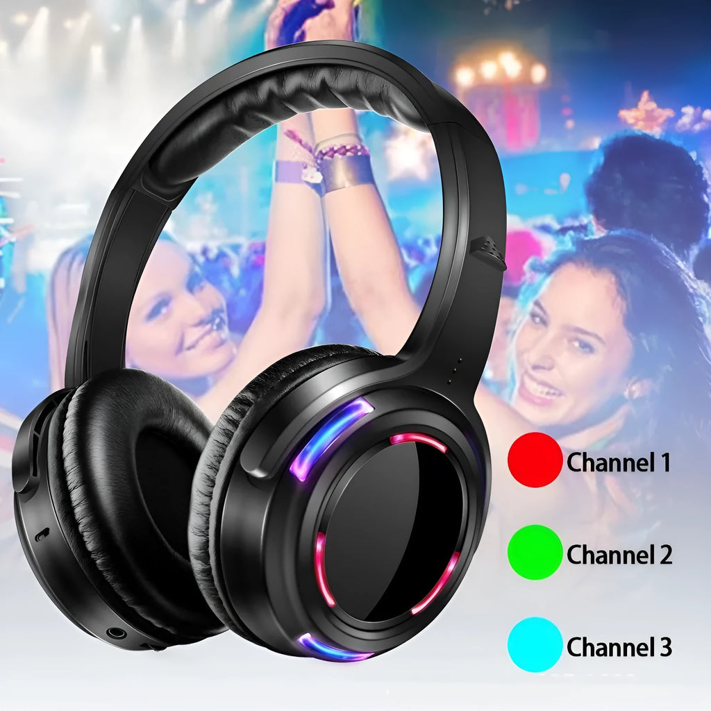 Black silent disco wireless headphones with headband and 3.5mm plug