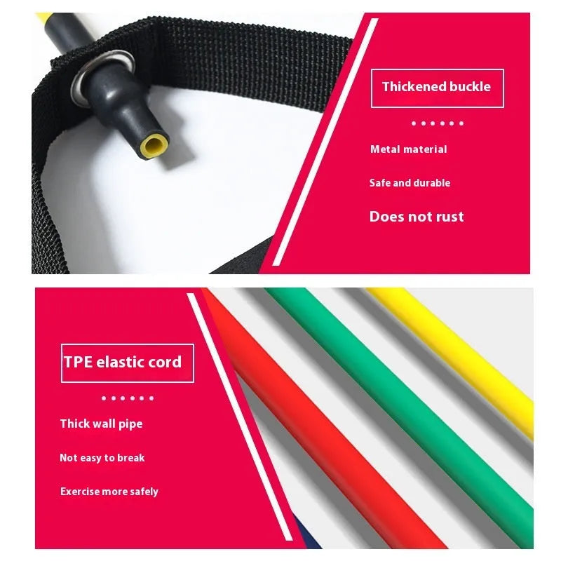Adjustable chest expander tension rope in five resistance colours: yellow 10LB, green 15LB, red 20LB, blue 25LB, black 30LB