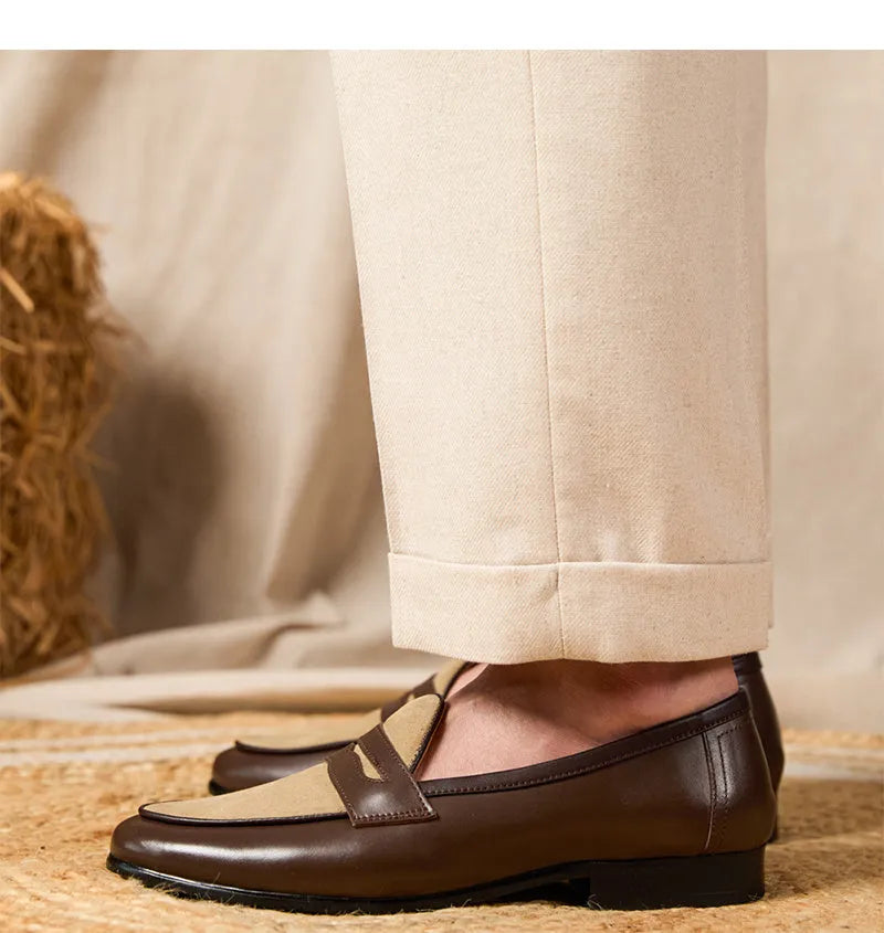 Coffee grey suede Belgium loafers for men with a slip-on design and rubber sole.