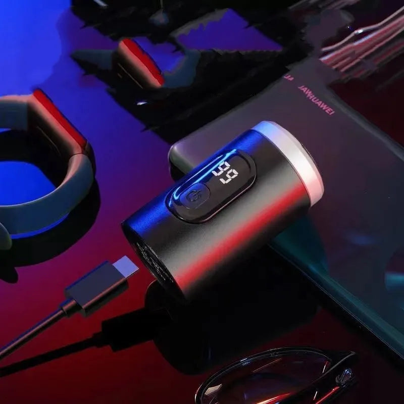 Black rechargeable USB shaver with LED display, cleaning brush, and protective cover