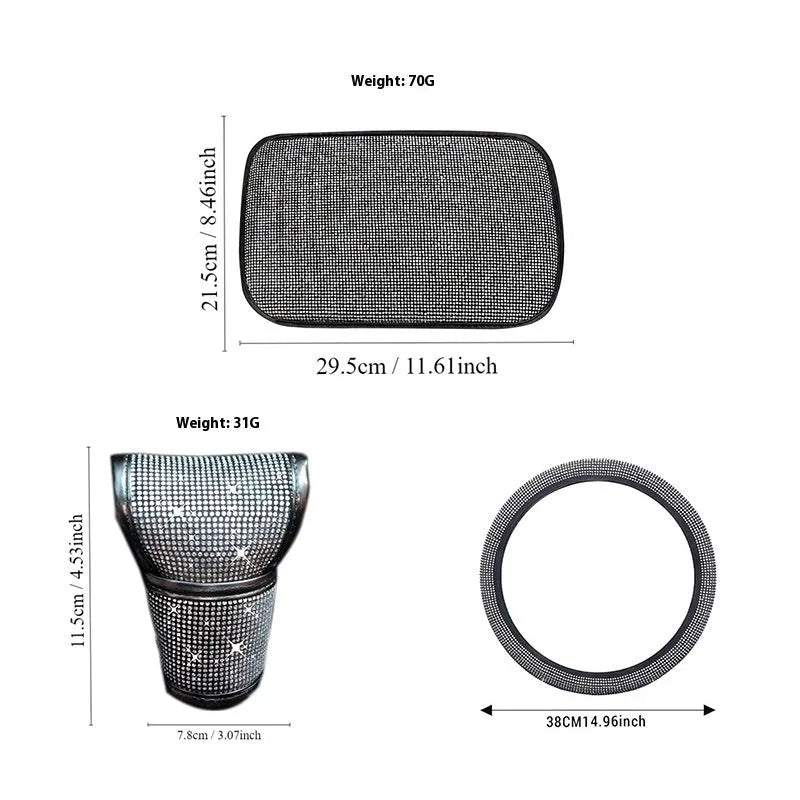 Polyester car interior decoration set including steering wheel cover gear cover and armrest mat in black red white colour options