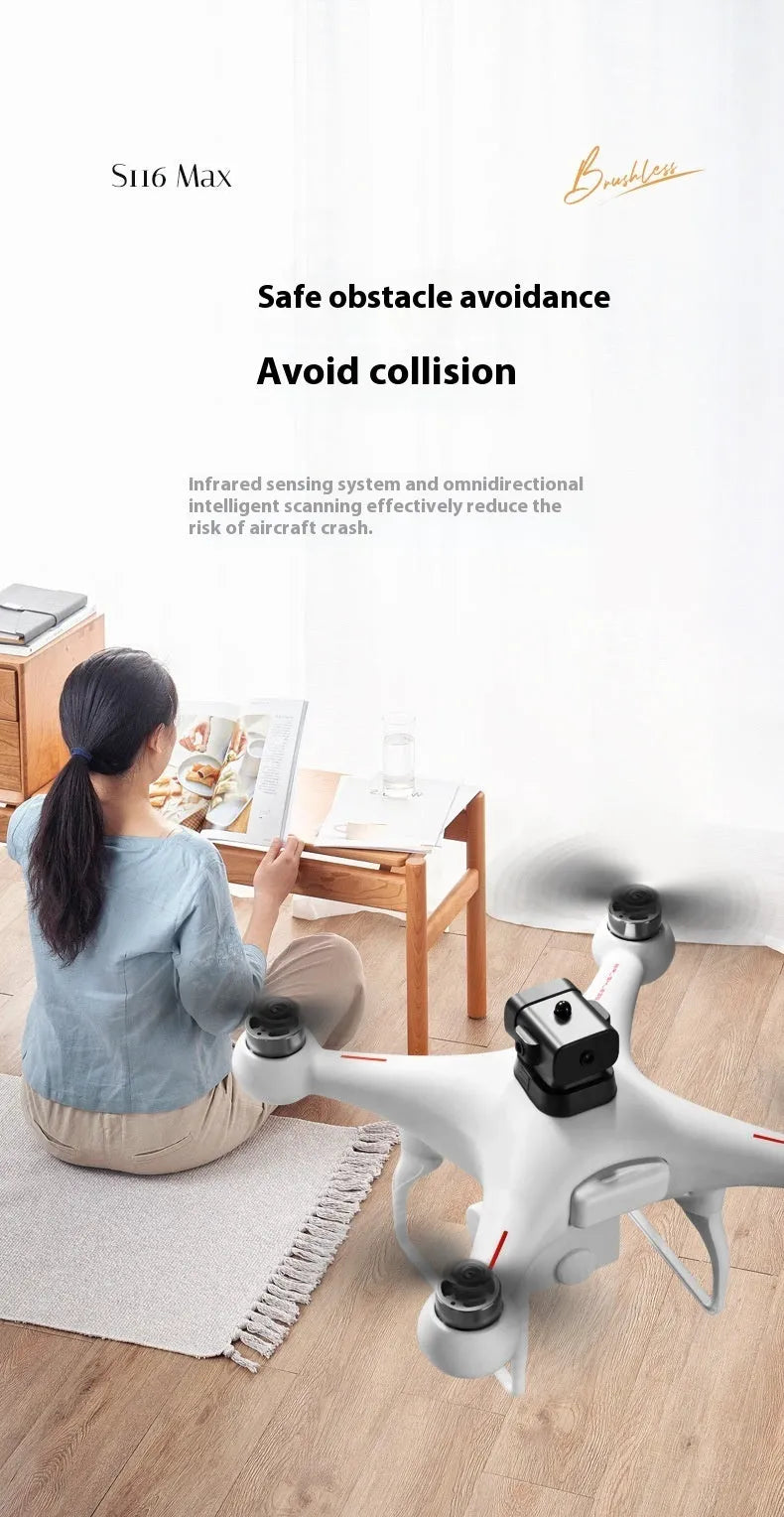 Black HD brushless UAV drone with four-side obstacle avoidance and camera, remote control transmitter beside it