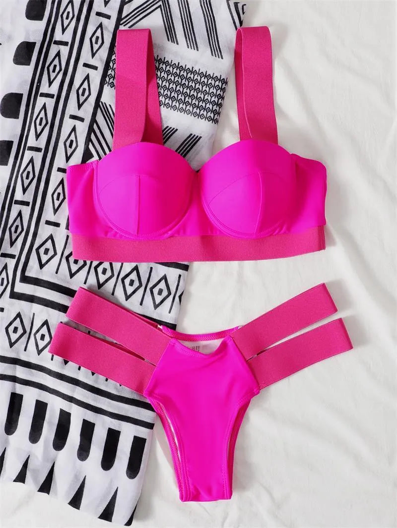 Women's steel bracket push-up bikini in nylon fabric showing multiple colour options