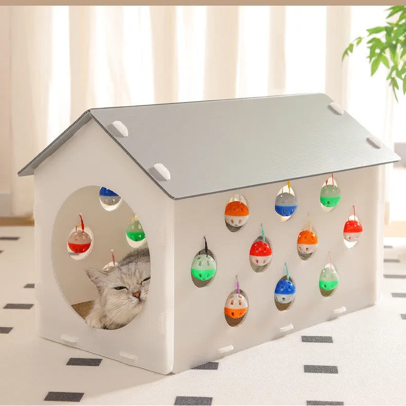 Plastic house cat scratch board with integrated bell ball and tunnel for feline scratching and play