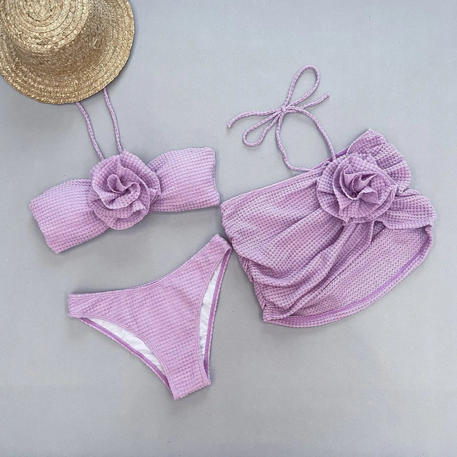 Women's three-piece swimsuit bikini with 3D flower split design in solid colour
