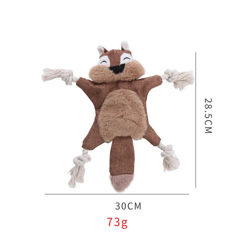 Brown fox dog toy with squeaker in head, crinkle body, and cotton rope arms and legs