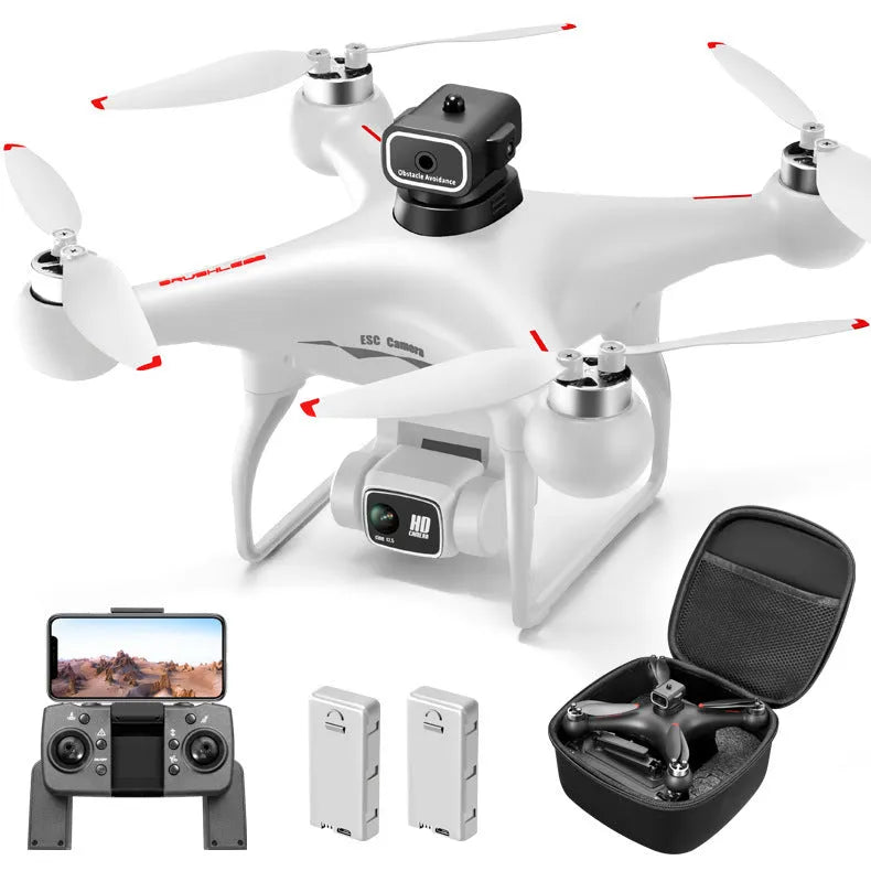 Black HD brushless UAV drone with four-side obstacle avoidance and camera, remote control transmitter beside it
