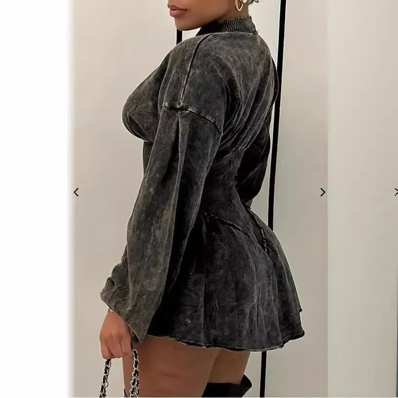 Grey women's digital printed dress with drawstring waist and slim-fit A-line silhouette.