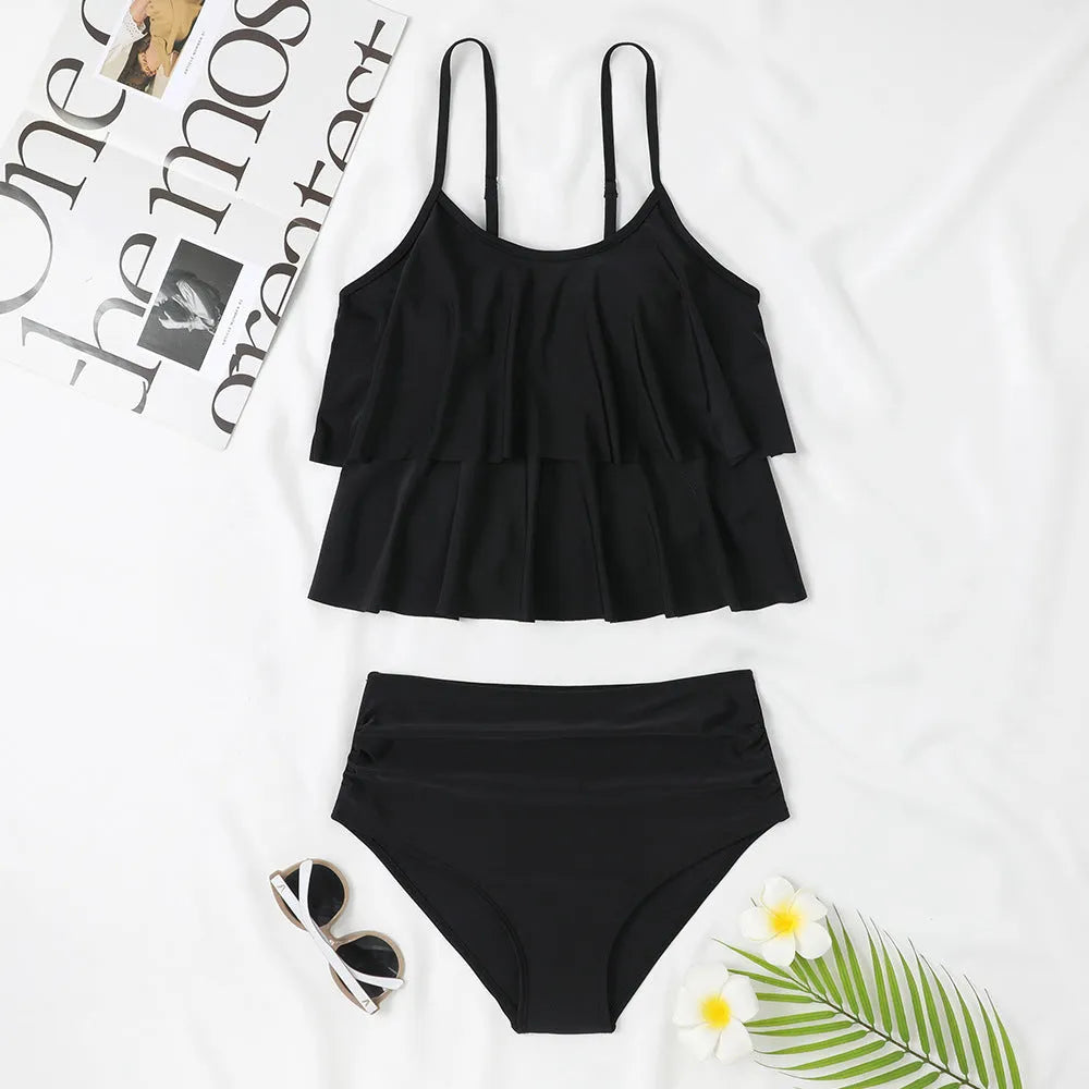Women's high waist double-layer swimsuit in black or coconut tree floral patterns