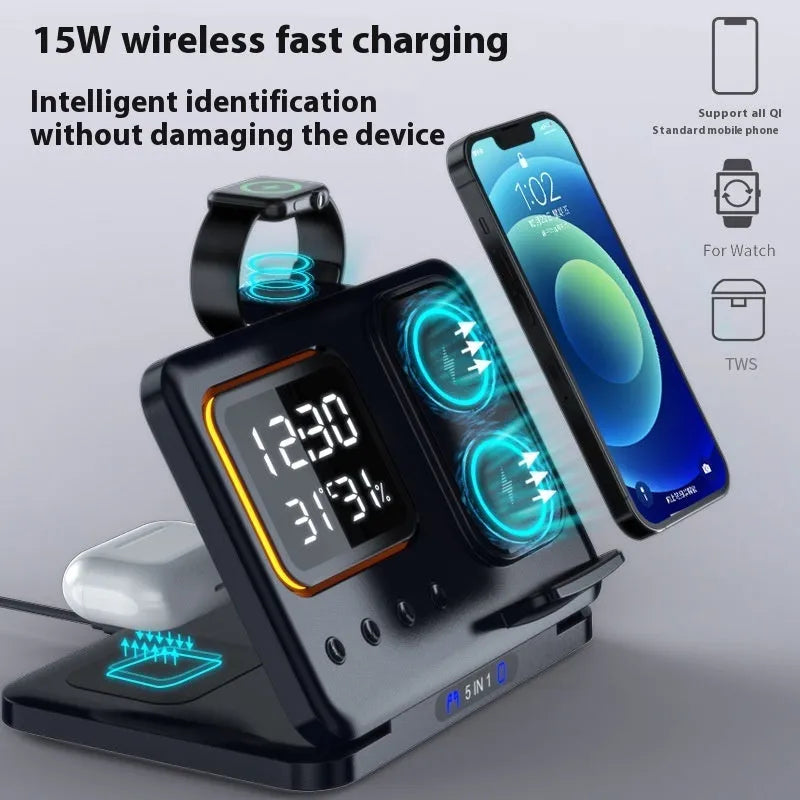 Black and white foldable wireless charging station with digital clock displaying time and temperature