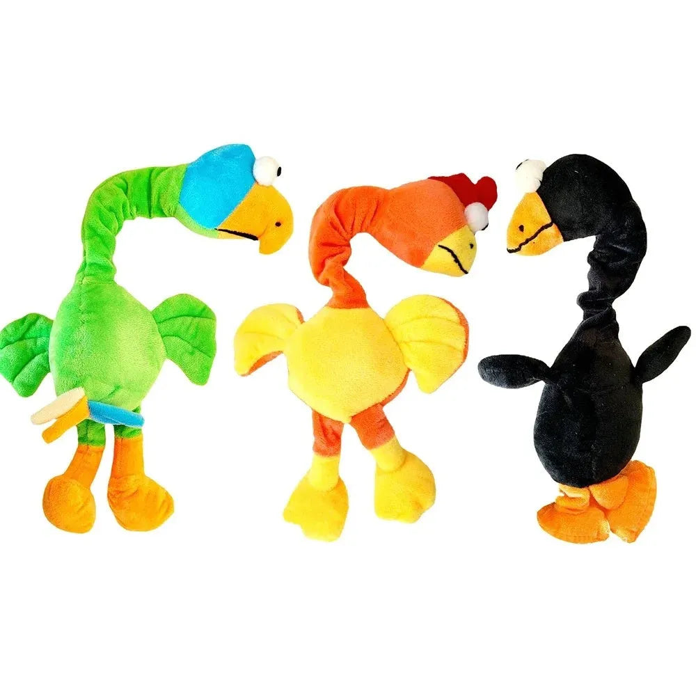 Screaming chicken sound dog toy in black, green, and orange colours with bite-resistant construction