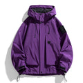 Men's hooded windproof waterproof jacket in black, ginger yellow, or purple, regular length with long sleeves.
