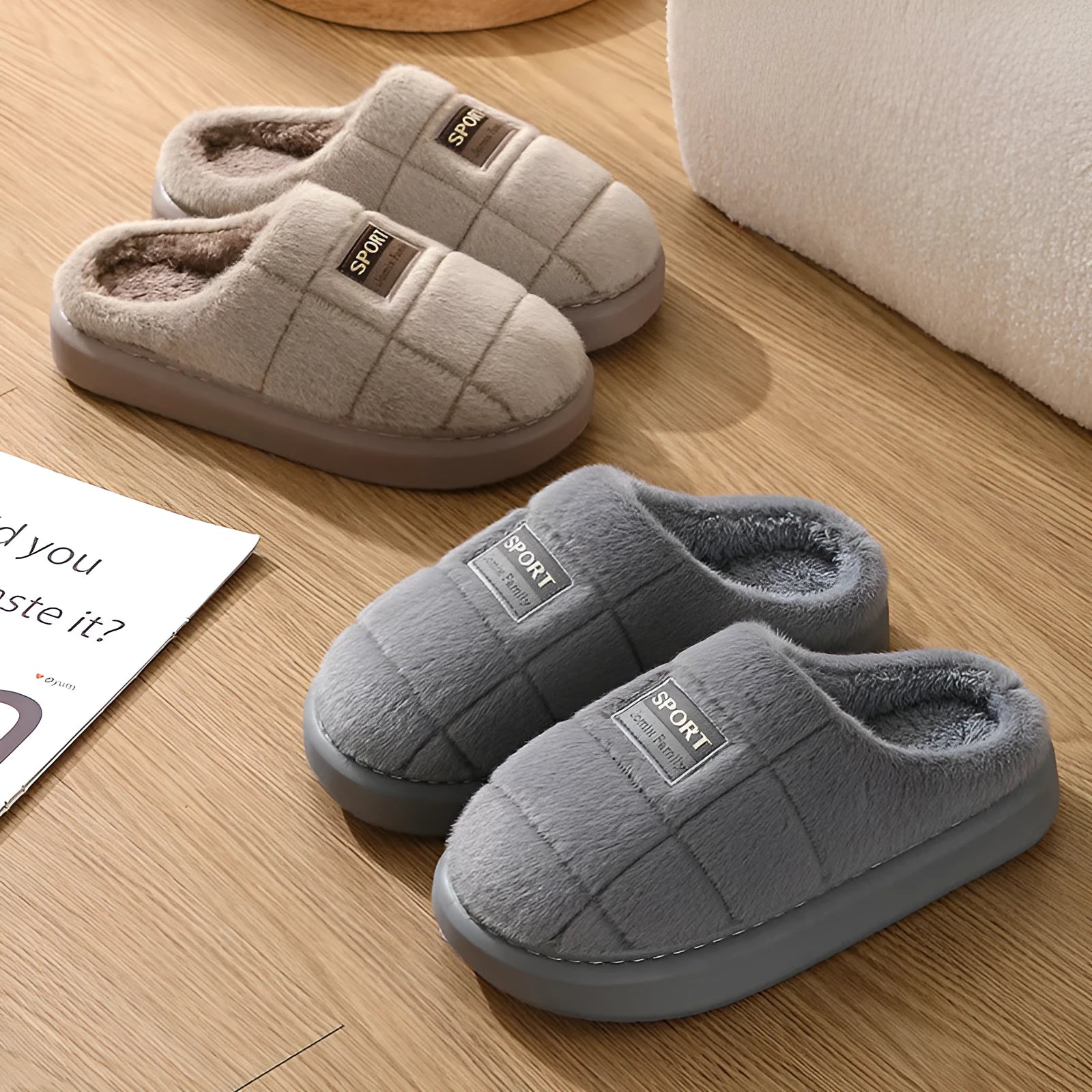 Men's grey plaid slippers with rabbit hair upper and EVA sole, showing toe holder design