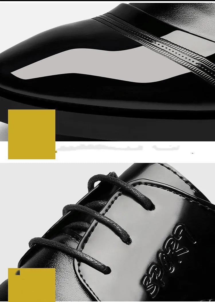 Men's casual Korean pointed leather shoes in black with stitching details and rubber sole