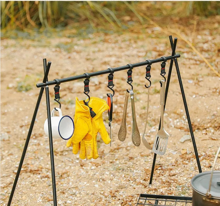 Aluminium alloy foldable camping clothes drying rack with triangular frame and 5 hooks