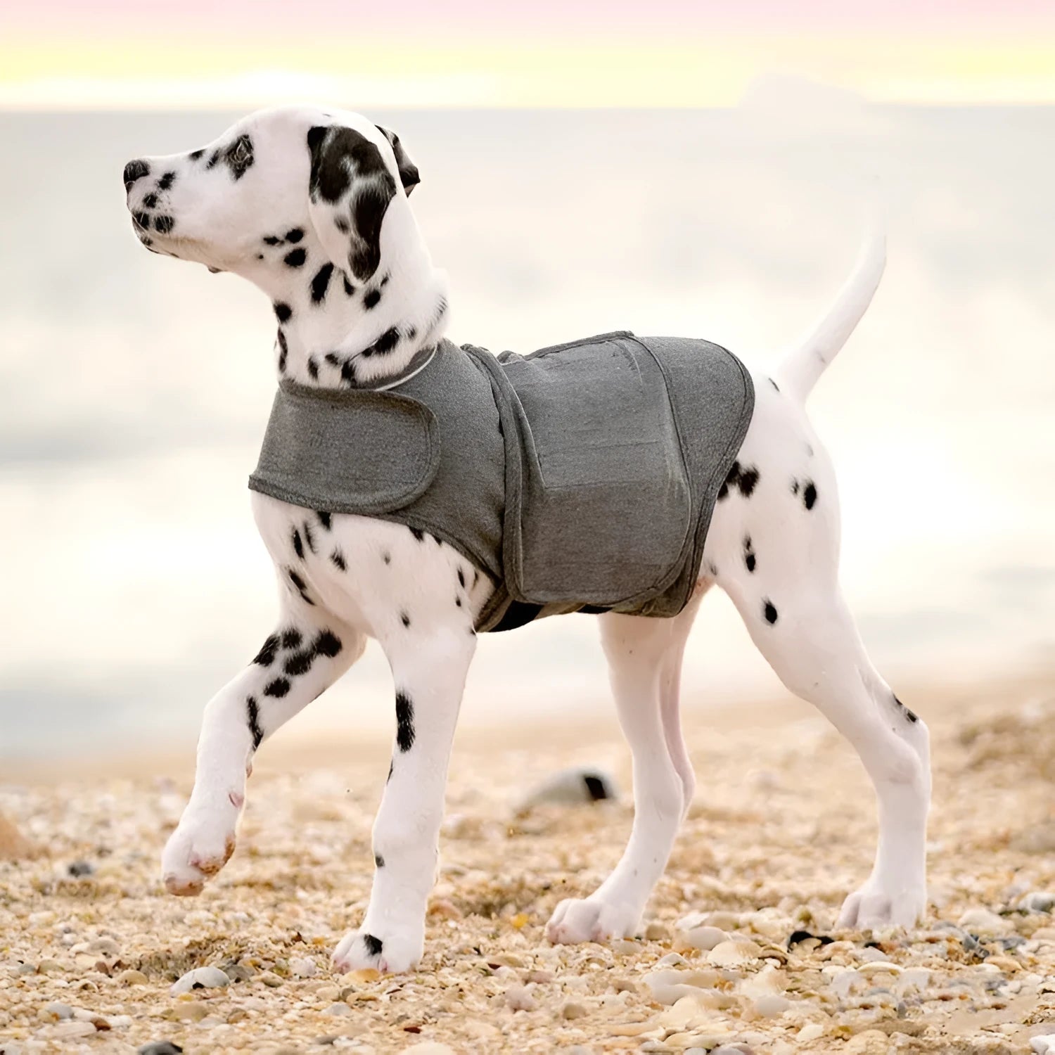 Heather grey dog anxiety jacket or pressure vest for small to extra large breed sizes.