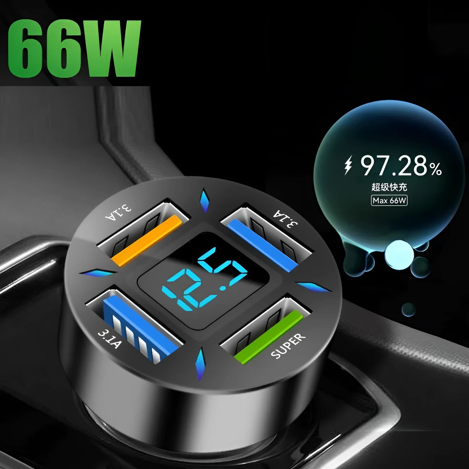 Four-port USB car charger with LED digital display showing charging status