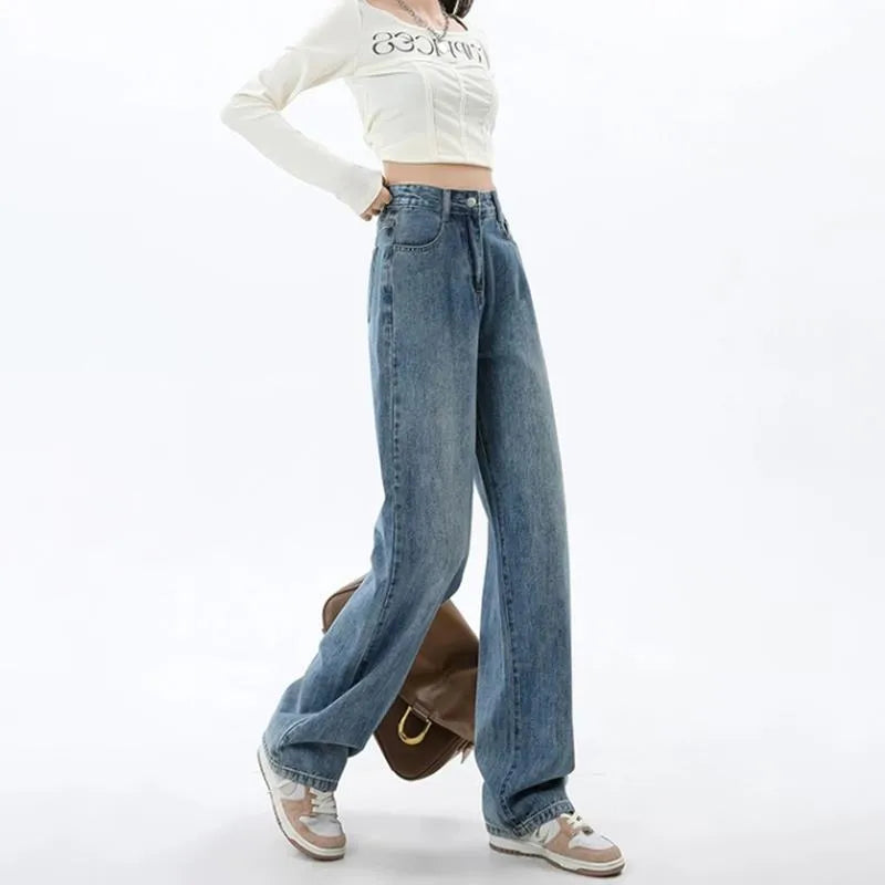Women's high waist wide leg jeans in retro blue denim with straight leg cut