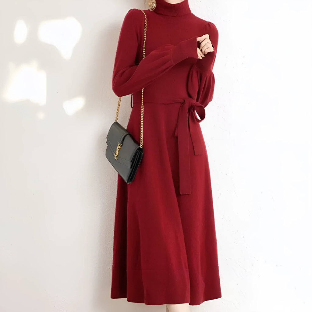 Loose-fit turtleneck knit dress for women with long sleeves, elastic waist, and a flowing mid-length princess skirt.