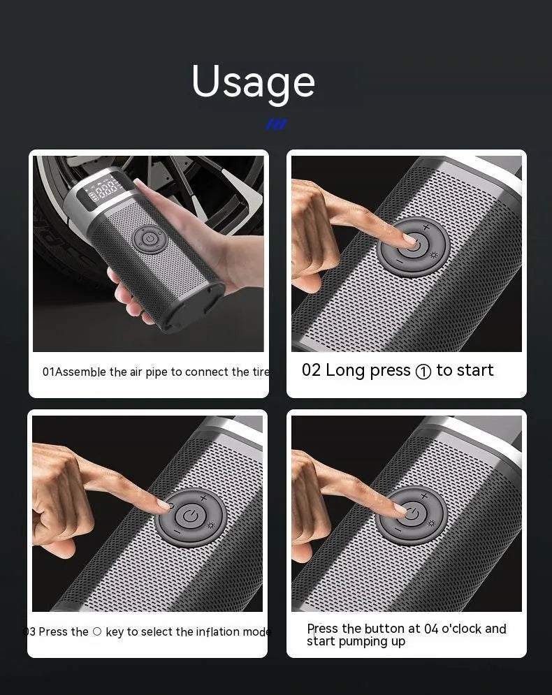 Black portable wireless smart air pump with a 15cm tube and multiple nozzles on a grey background.
