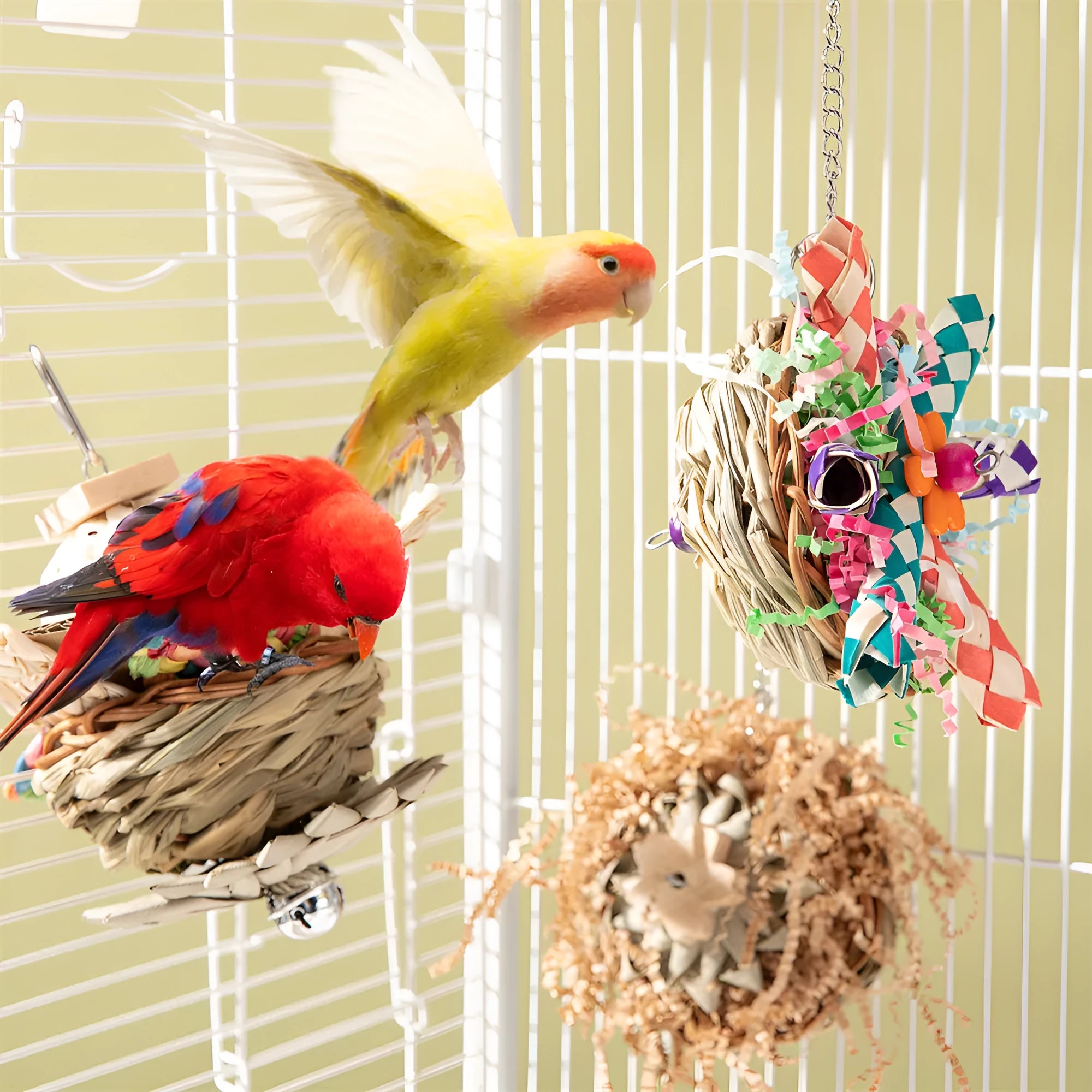 Natural wood parrot gnawing toy showing three chewing options for medium and large birds