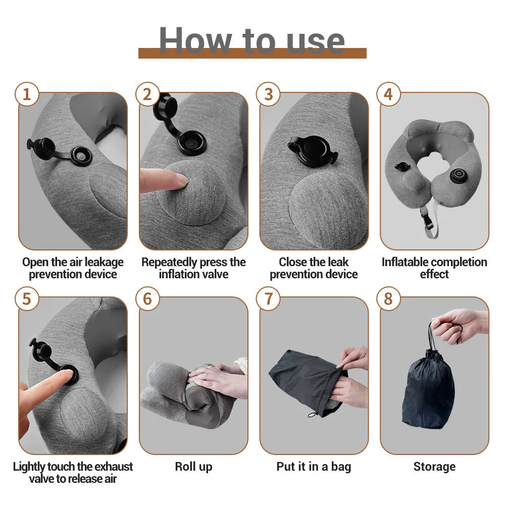 Gray inflatable U shape neck massager pillow with kneading massage modes and travel carry bag