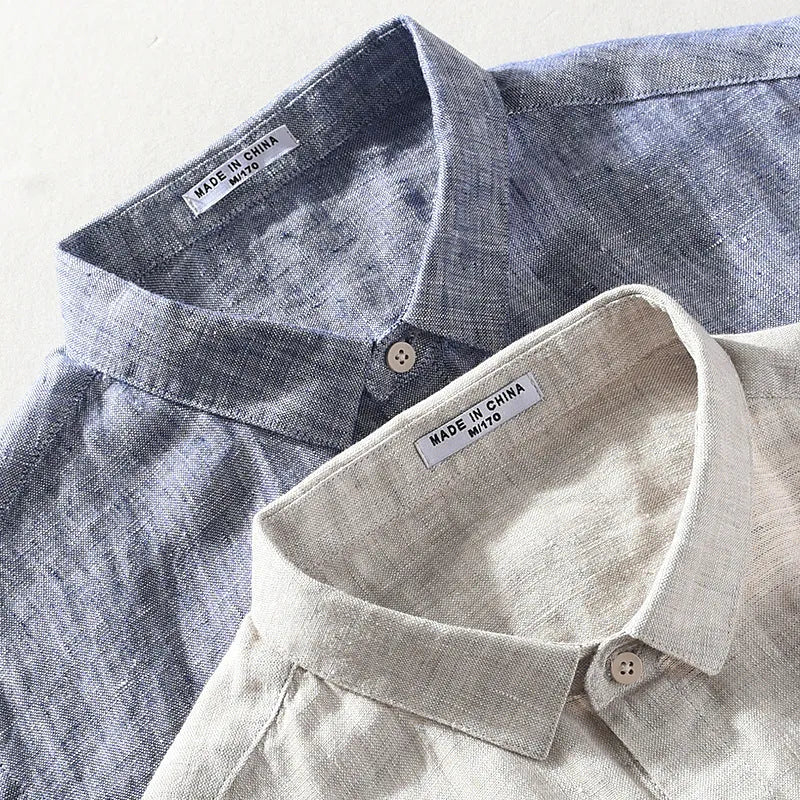 Youth linen short sleeve shirt with square collar in raw jute or grey colour, cardigan style regular fit