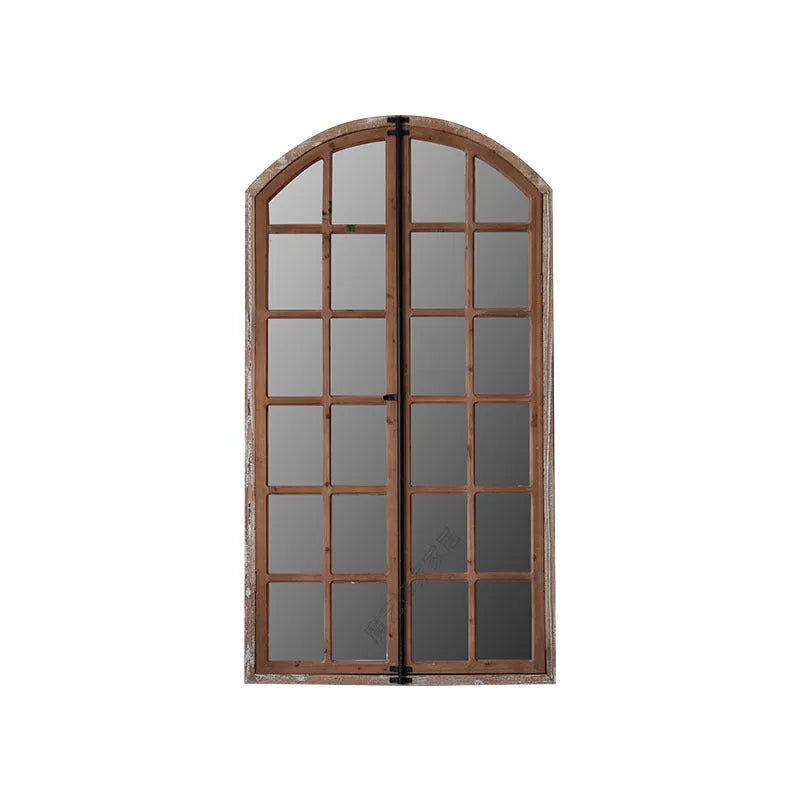 Terrace Distressed Fake Window Wall Mirror in log colour with wooden glass panel