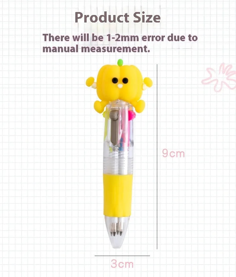 Cartoon-themed four colour press ballpoint pen with plastic and silicone body and 0.7mm tip.