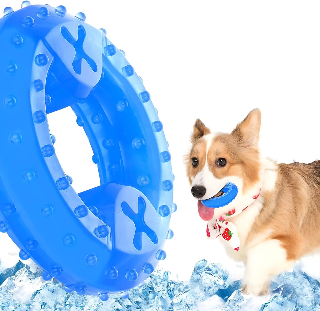 Freezable bone-shaped and circle-shaped dog chew toy for cooling and teething relief.
