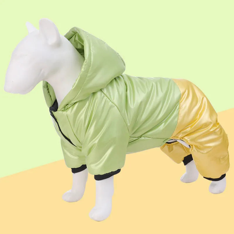 Green waterproof cotton dog coat with four-legged design