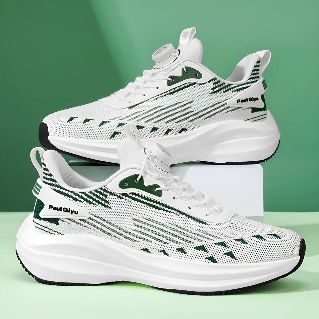 Men's white green and black Fly-kit mesh running shoes with rotating buckle lace system