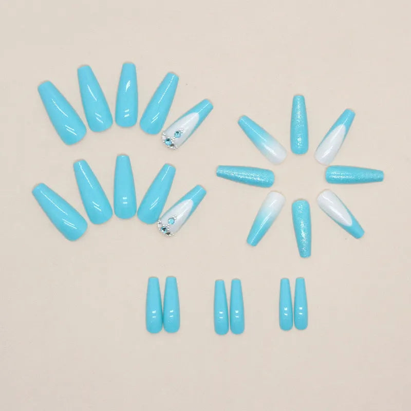 Solid blue long ballet shaped false nail patches with glue bottle