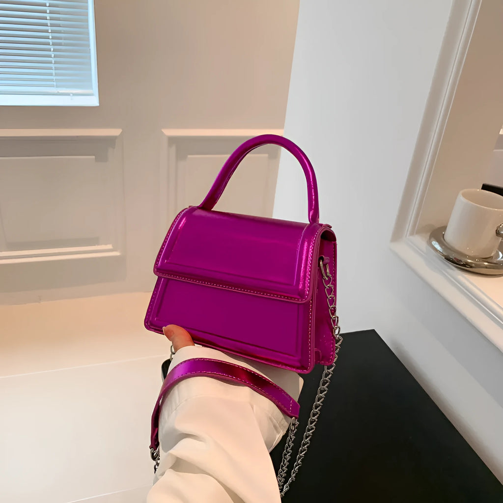 Square-shaped PU leather crossbody bag in multiple colour options on a model.