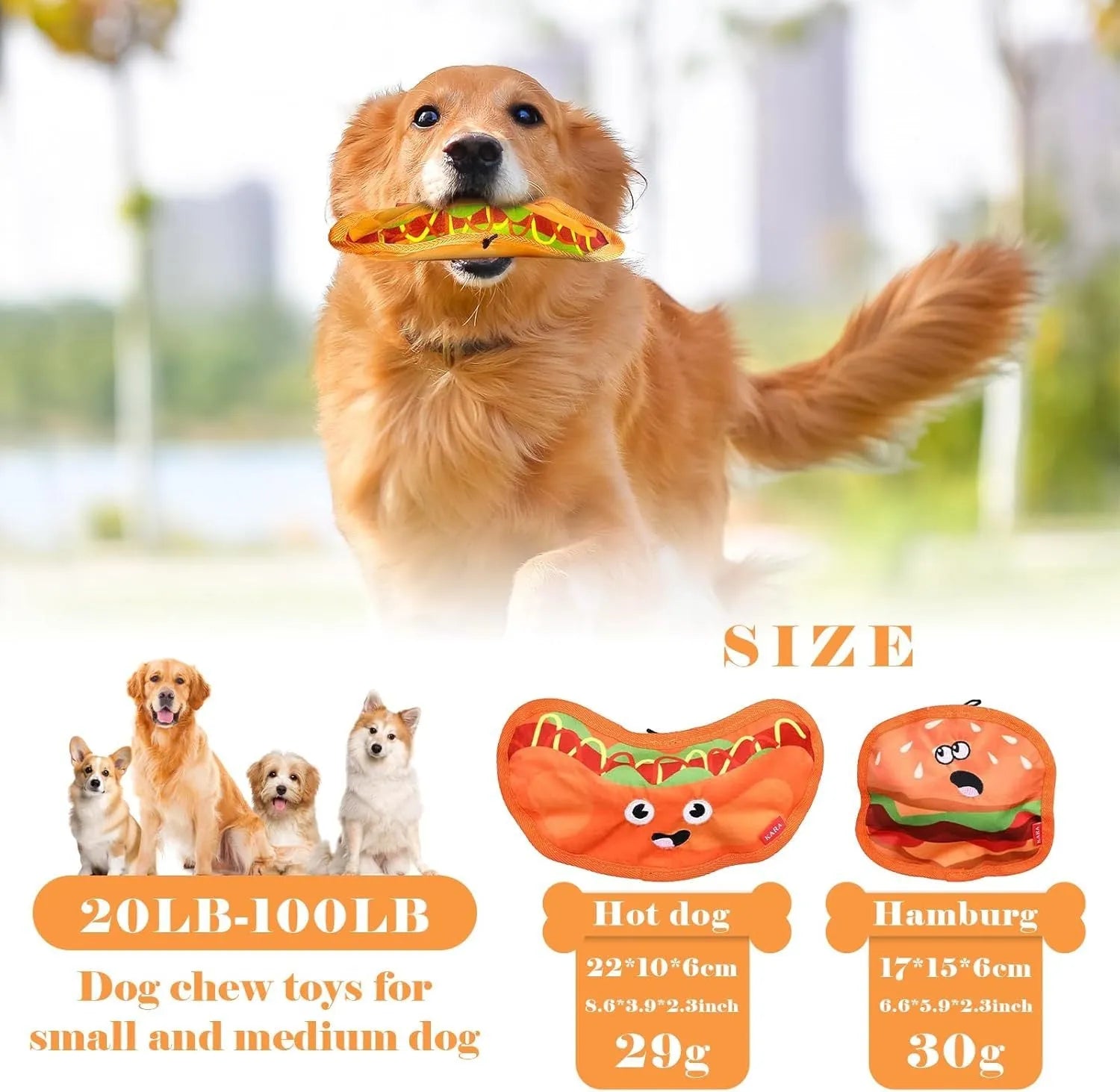 Food-themed crinkle squeaky dog toys in burger, fries, hot dog, and pizza designs for interactive play