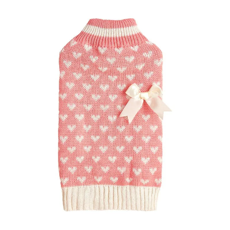 Acrylic dog sweater with bow and love heart design in pink colour option
