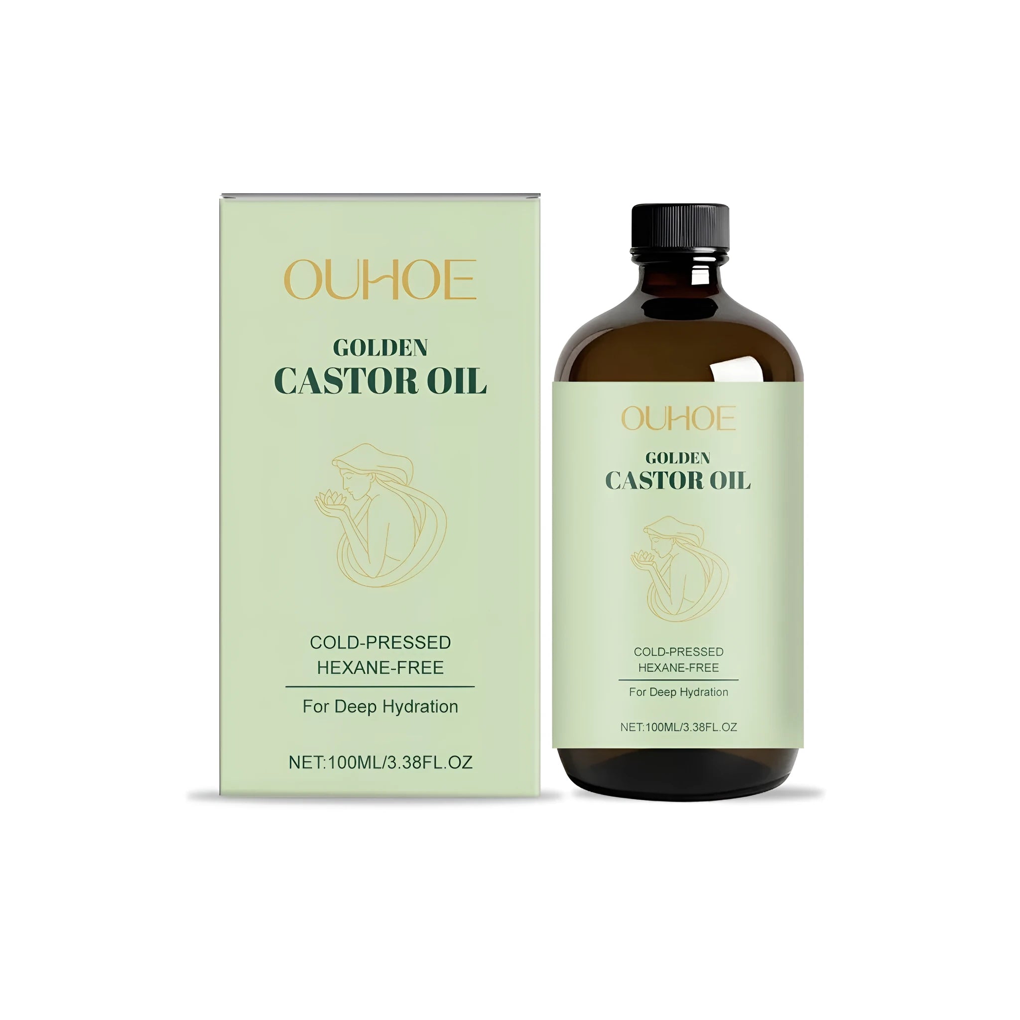 100ml glass bottle of golden castor oil treatment with dropper for hair and skin care.