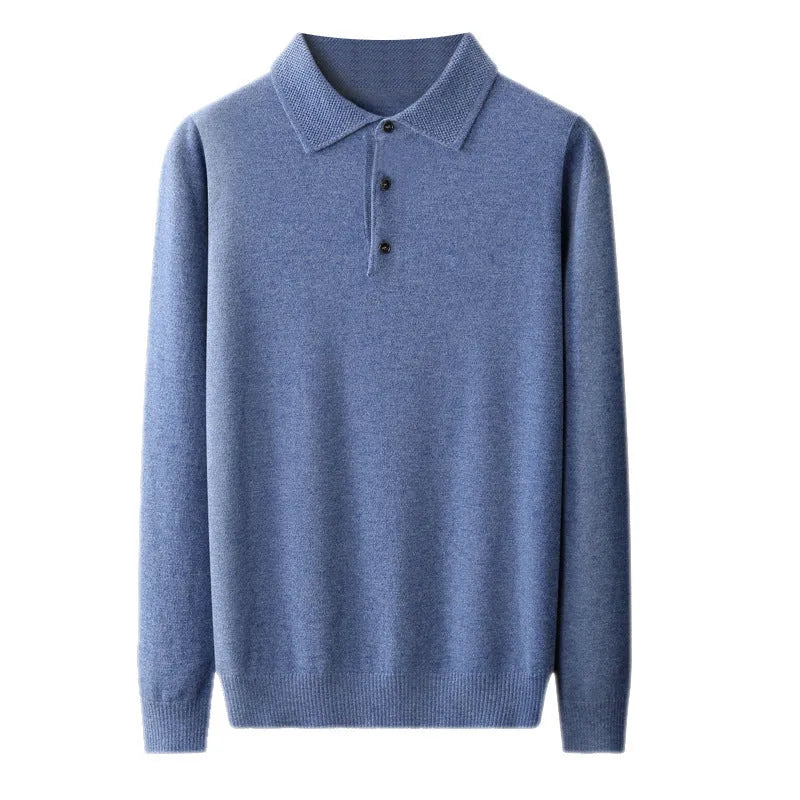 Men's wool polo collar sweater in seven colours with long sleeves and knit texture