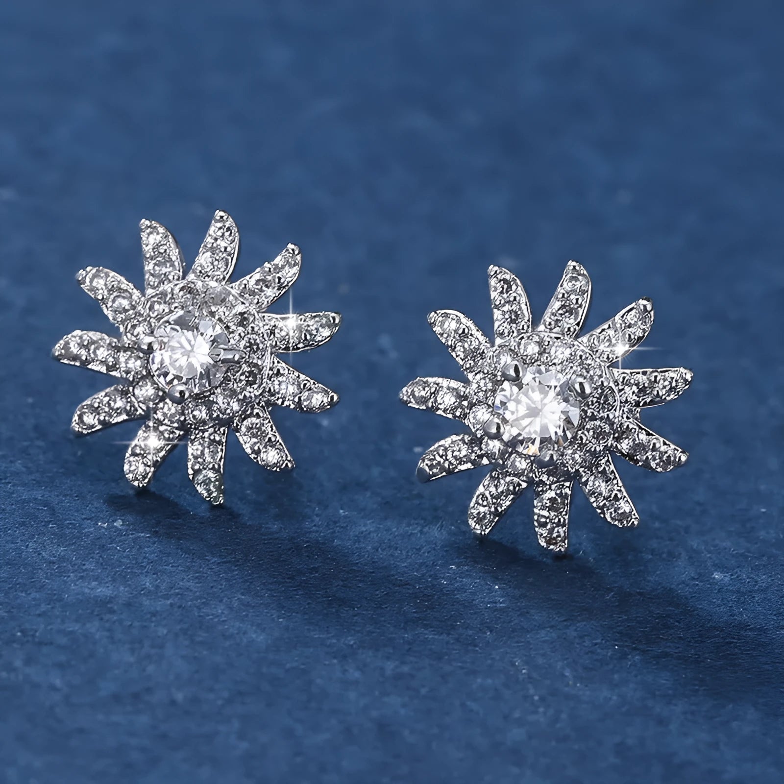 SUNFLOWER gold white and platinum white zircon mosaic copper ear studs pair