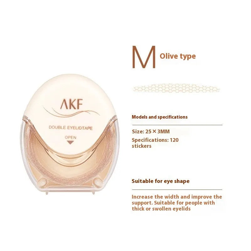 Roll of 120 invisible lace double eyelid stickers in packaging, showing Crescent and Olive shape options.