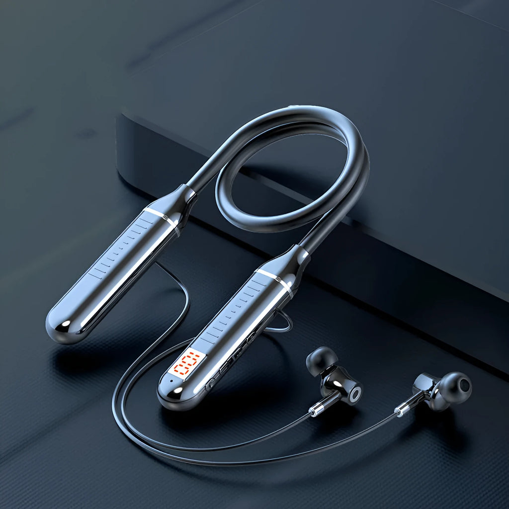 Black wireless Bluetooth sports headset with neckband design, showing earbuds and power display.