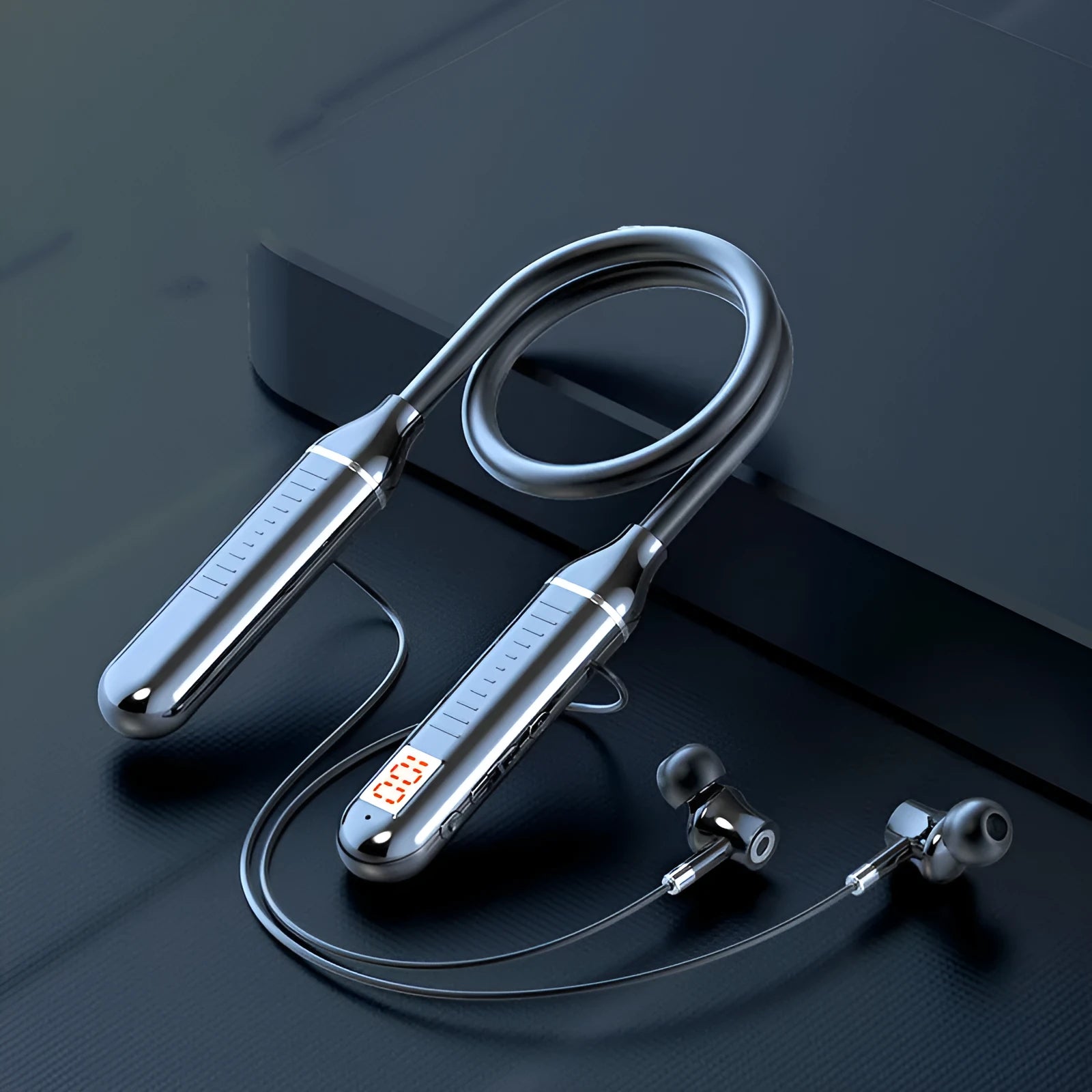 Black wireless Bluetooth sports headset with neckband design, showing earbuds and power display.