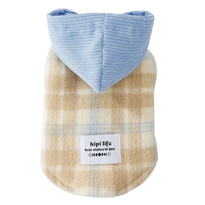 Blue corduroy chessboard grid hooded vest for small dog with traction hood design