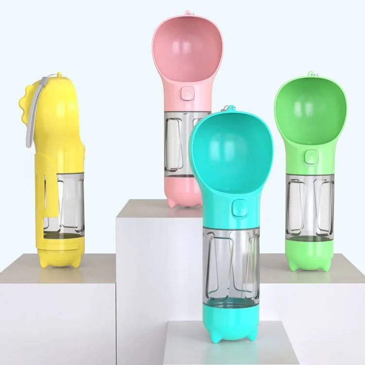 Portable 3-in-1 dog water bottle with leak-proof design, poop bag dispenser, and treat holder in aquamarine colour