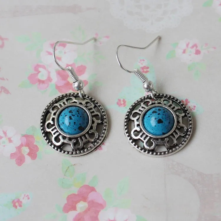 Miao silver retro geometric turquoise flower disk earrings with ethnic patterns in Tibetan silver