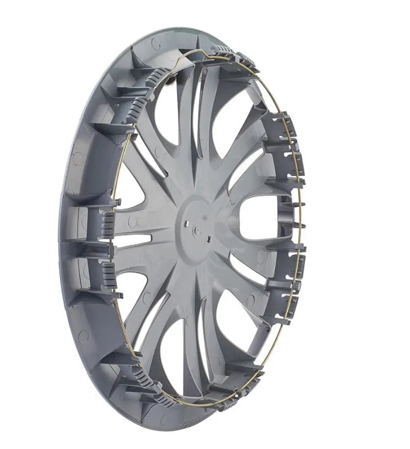 Universal silver ABS plastic wheel hub cover for car decoration in 13 to 16 inch sizes.