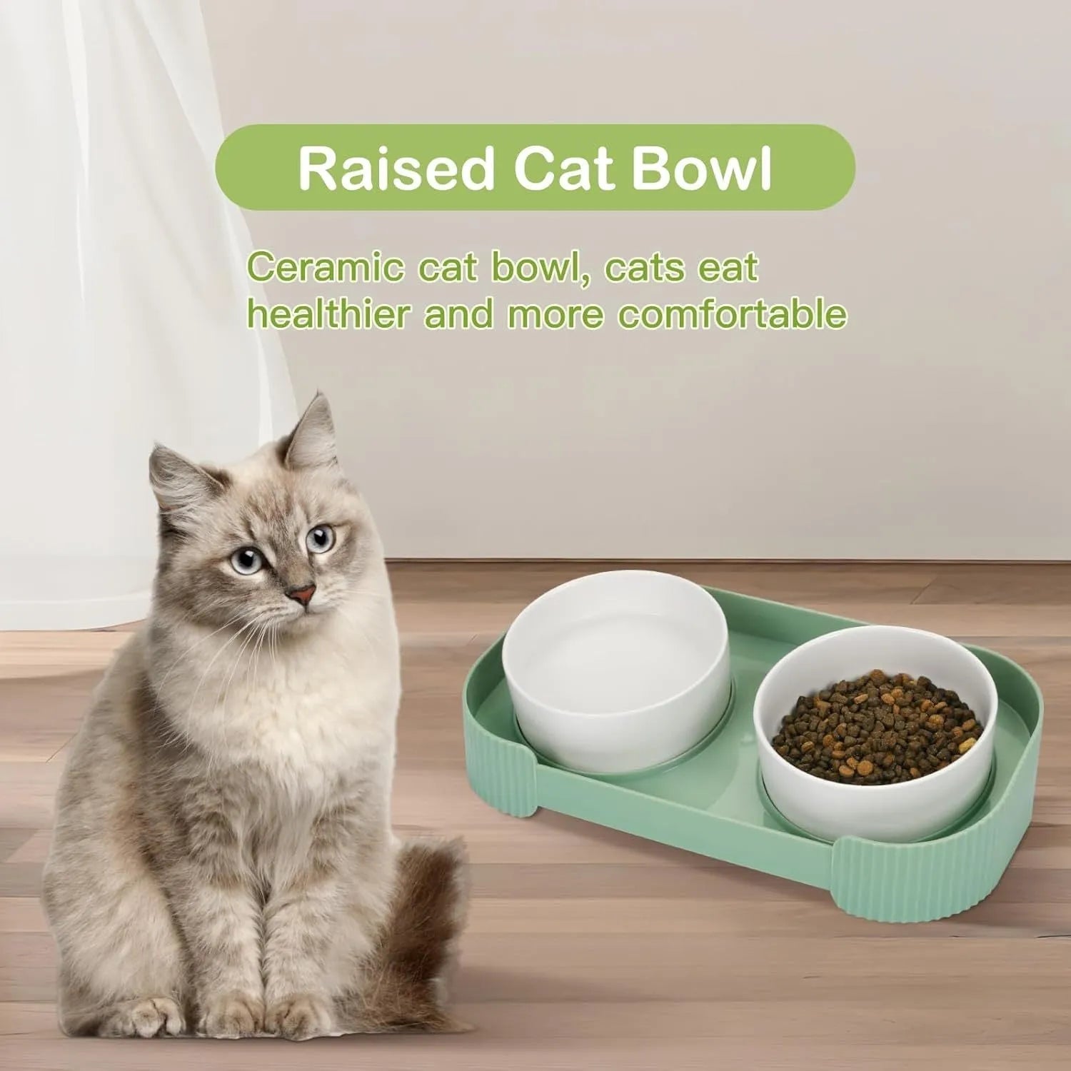 Green ceramic elevated cat bowls with 15-degree tilted stand for food and water