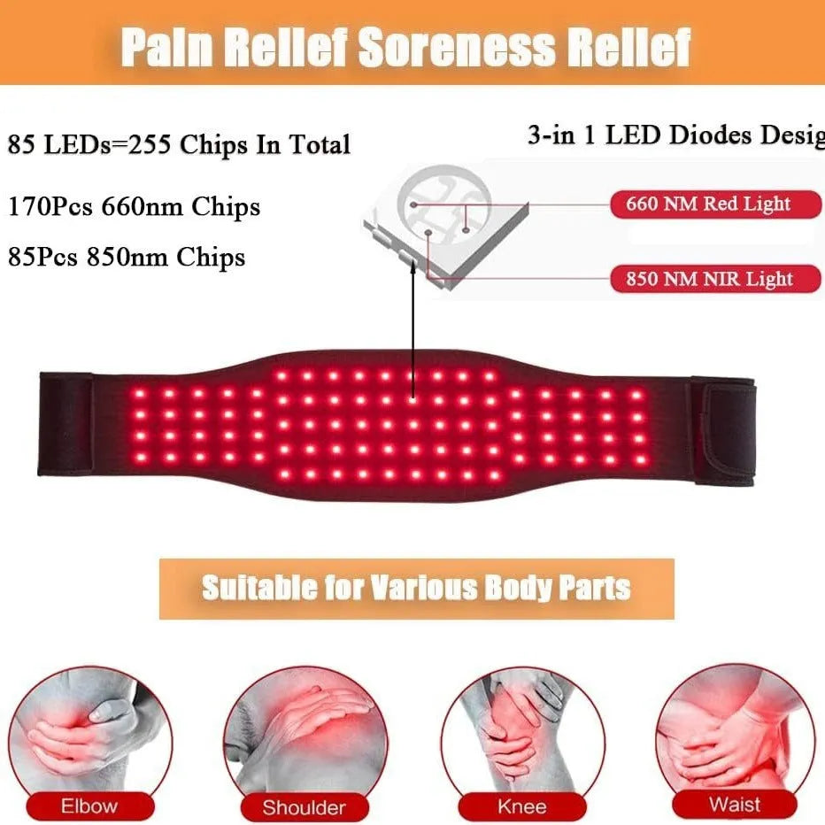 Black infrared therapy belt for waist and back pain relief with red light technology