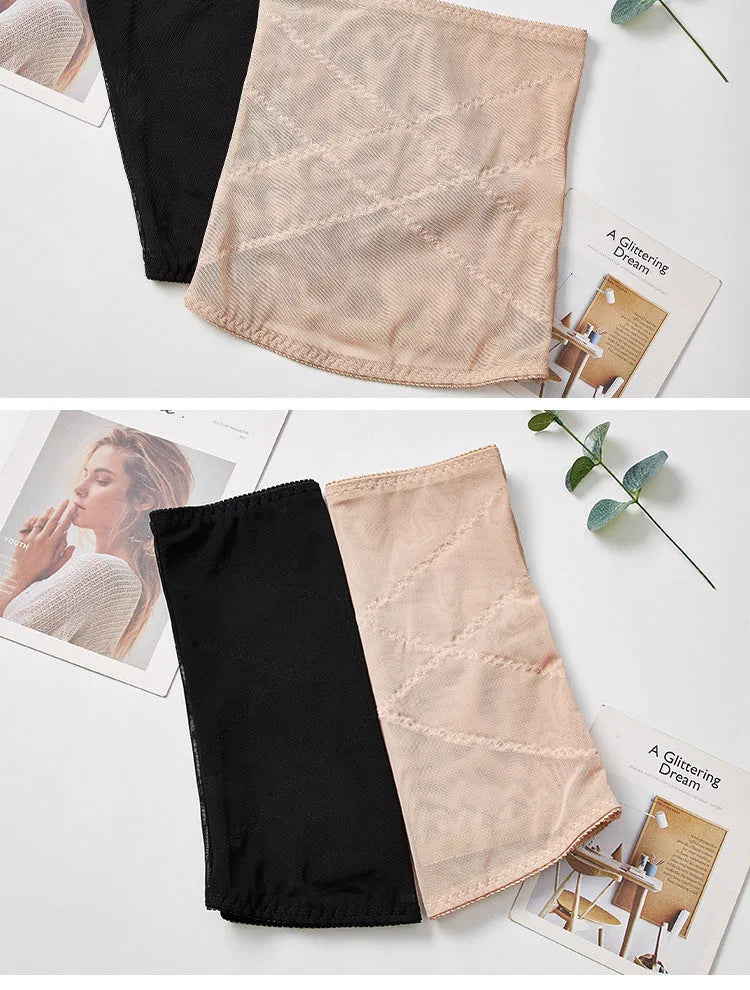 Black mesh body sculpting strap with a cross waistband design, shown laid flat.