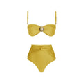 Yellow split bikini and green one-piece swimsuit with high waist design
